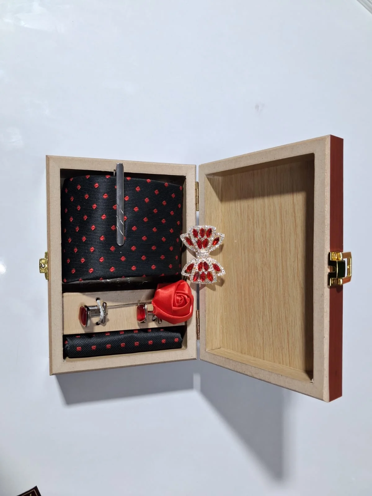 Micro two side open tie cufflinks tie pin flower & brooch set